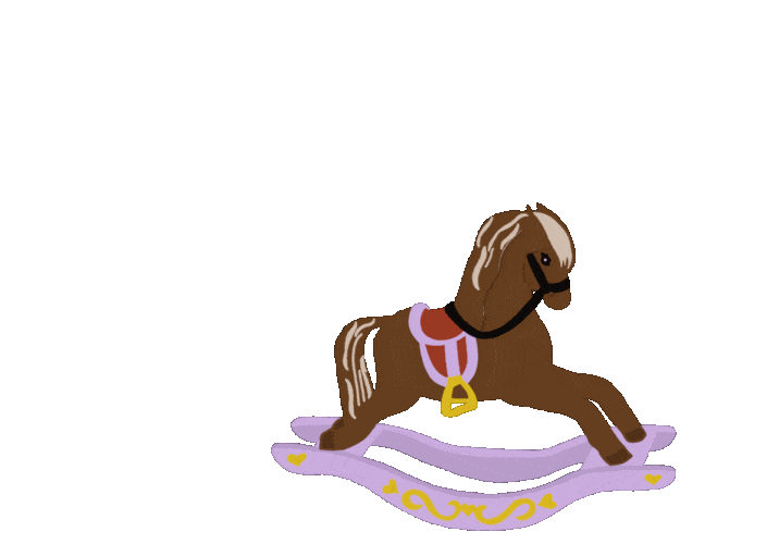 Illustration en pixel-art d'un cheval à bascule brun avec une crinière et une queue ondulées, sur des patins mauves décorés de coeurs dorés, par Hillary Benkemoun Korkut.